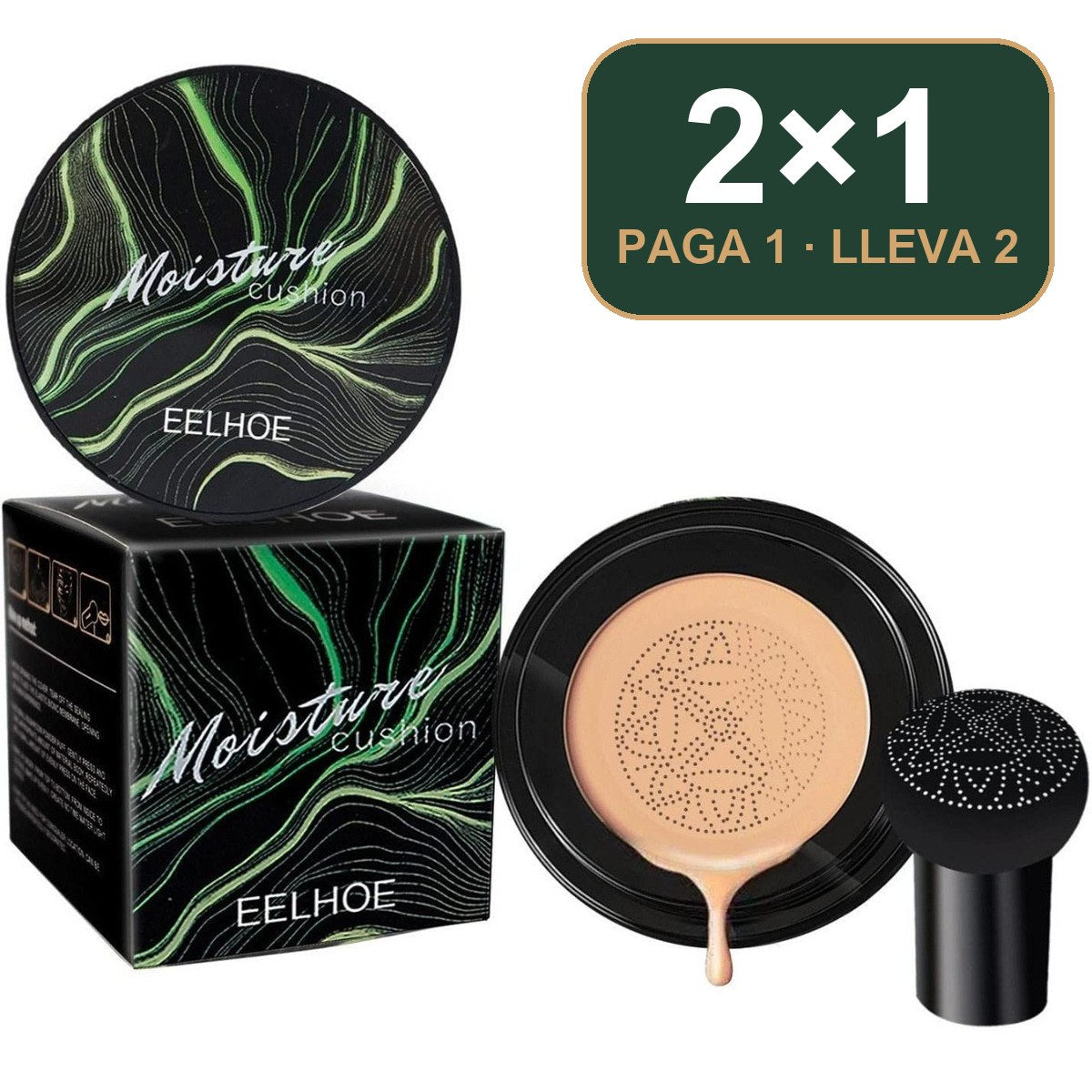 Base en cushion con esponja champiñón, caja y aplicador
