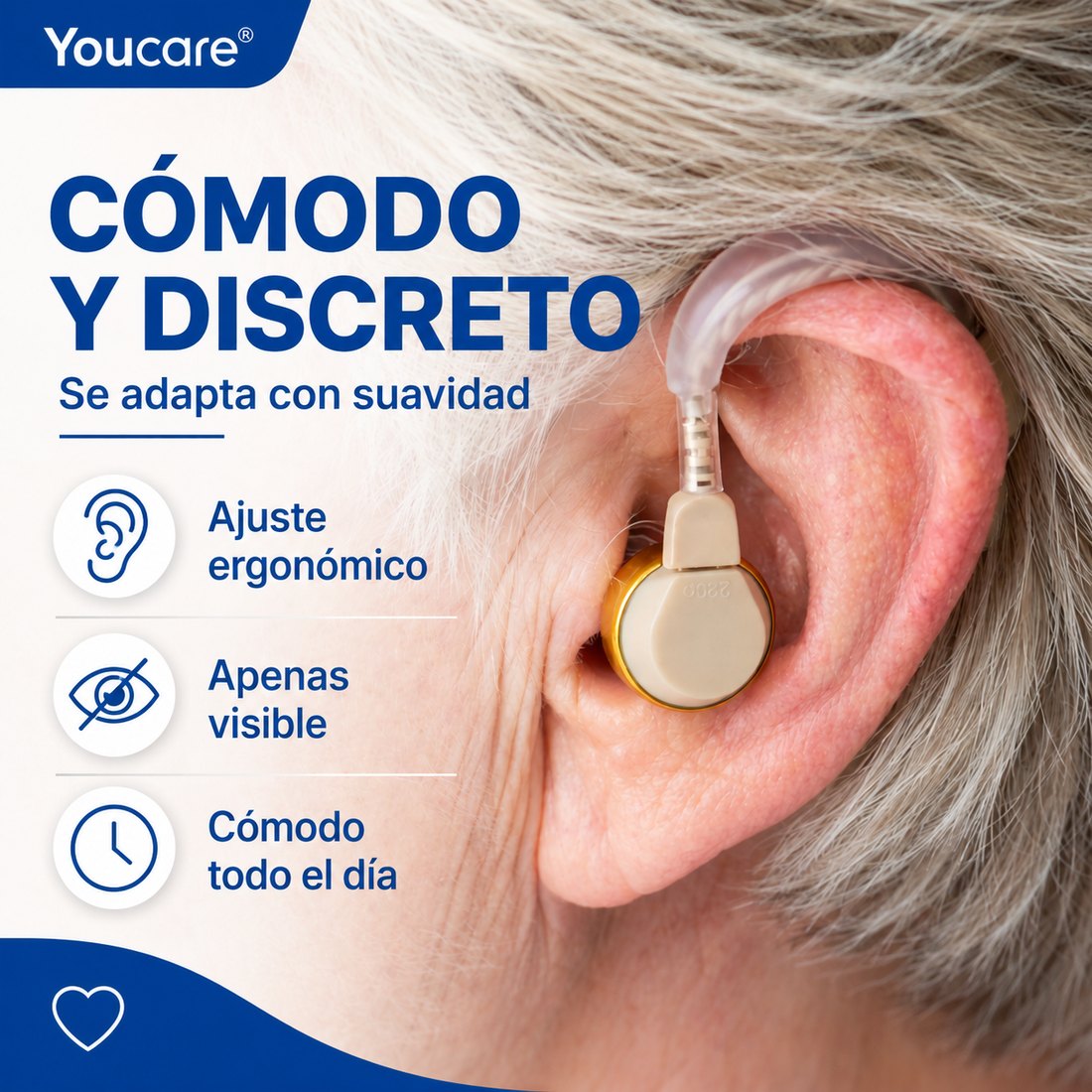 Amplificador YouCare cómodo y discreto detrás de la oreja