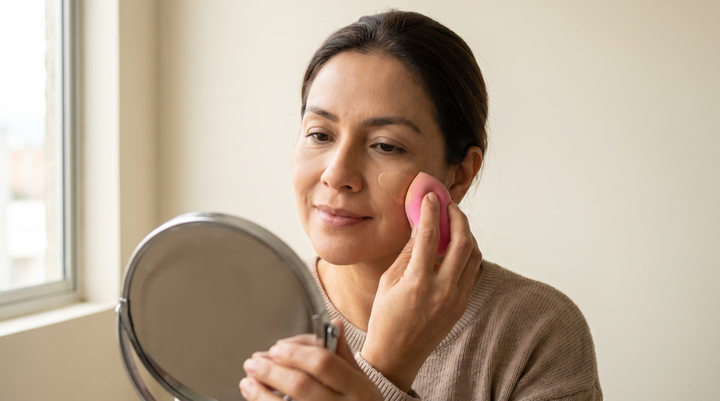 Mujer aplicando base de maquillaje líquida con esponja