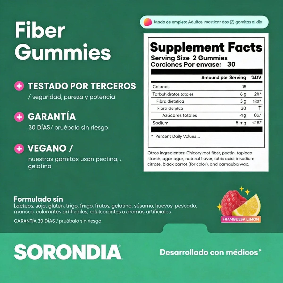 Testado por terceros, garantía, vegano y ficha de fibra