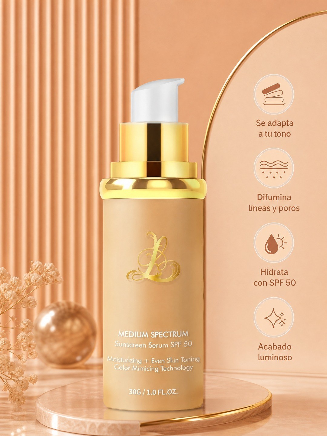 Se adapta a tu tono, difumina líneas y poros, SPF 50, acabado luminoso