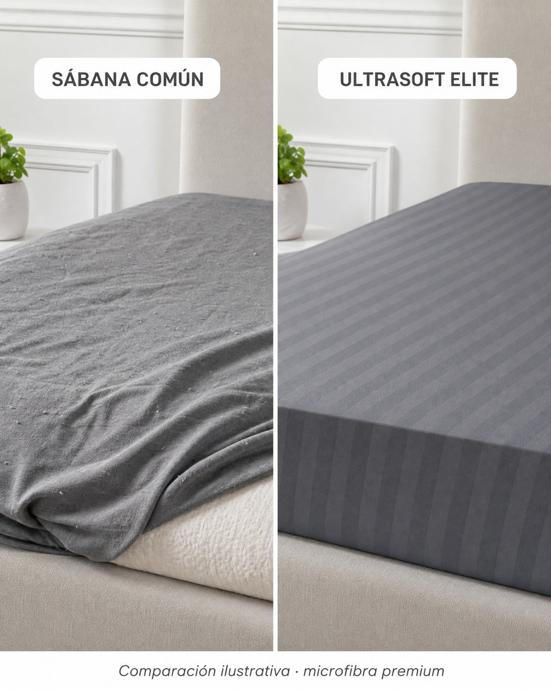 Sábana común vs Ultrasoft Elite · más suave y con mejor ajuste