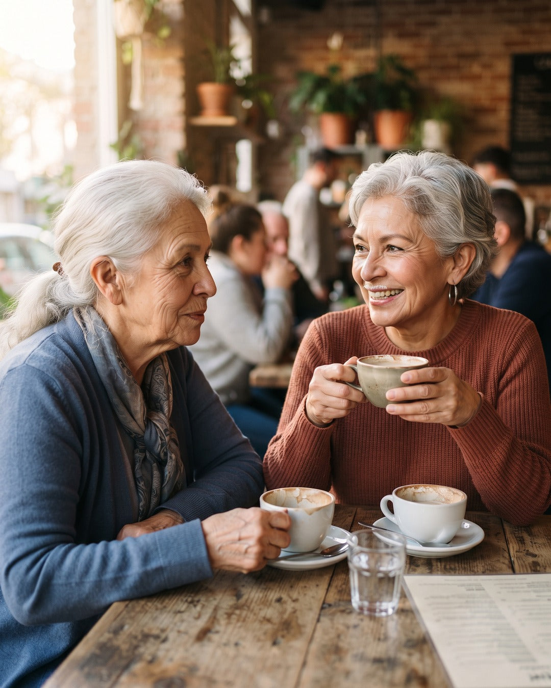 Dos amigas en un café, una con la piel más luminosa